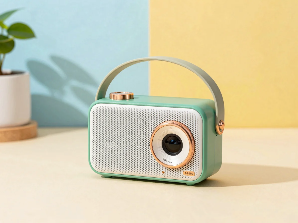 Vibrant editorial product photography, a retro-style portable spe