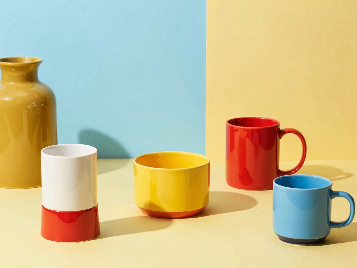 Vibrant editorial flatlay of quirky home decor items, sunlit, playful three-quarter product angles, bright playful backd