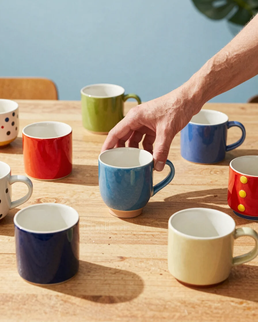 Hands arranging colorful, quirky ceramic mugs on a sunlit wooden table, crisp clear shadows, vibrant editorial product p